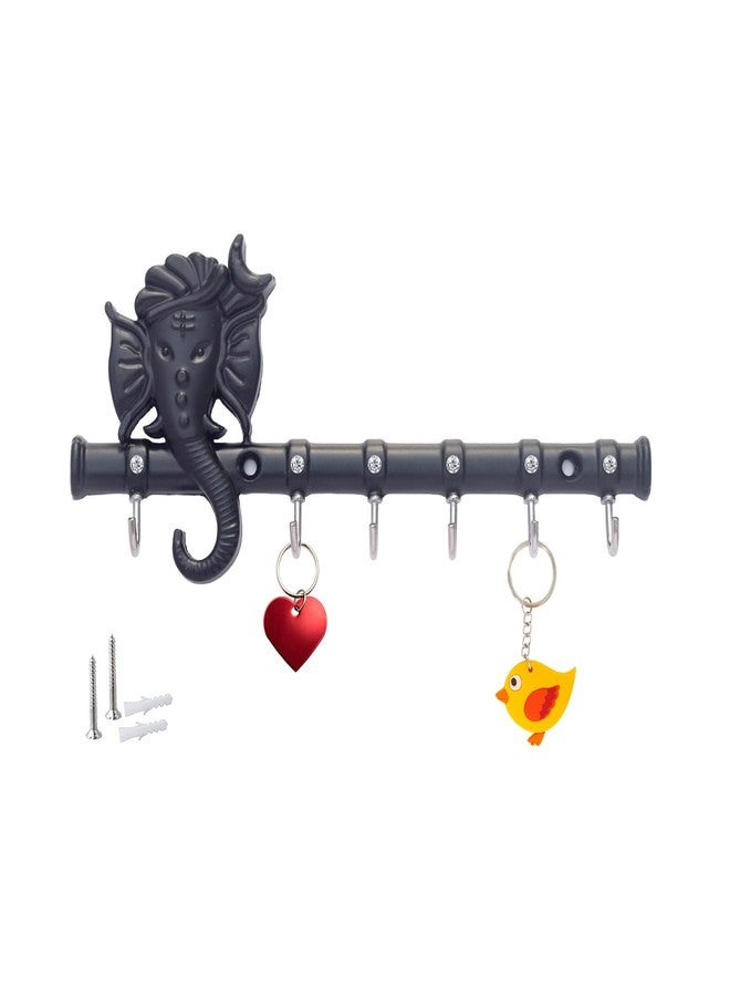 Zeetab Diamond Ganesha Key Holder & Hanger | Metal Lord Ganpati Key Stand with 6 Hook Wall Mount | Home Decor Housewarming Gift (Matt Black) - Image 1